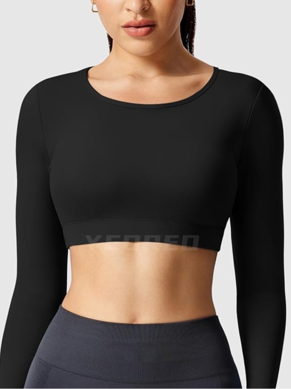 Stylish YEORIO black long-sleeve athletic crop top